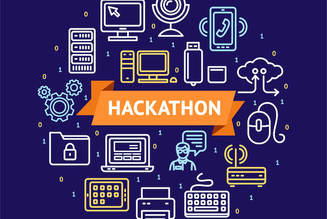 Hackathon Signs Round Design Template Thin Line Icon Concept for Marketing and Advertising on a Blue. Vector illustration