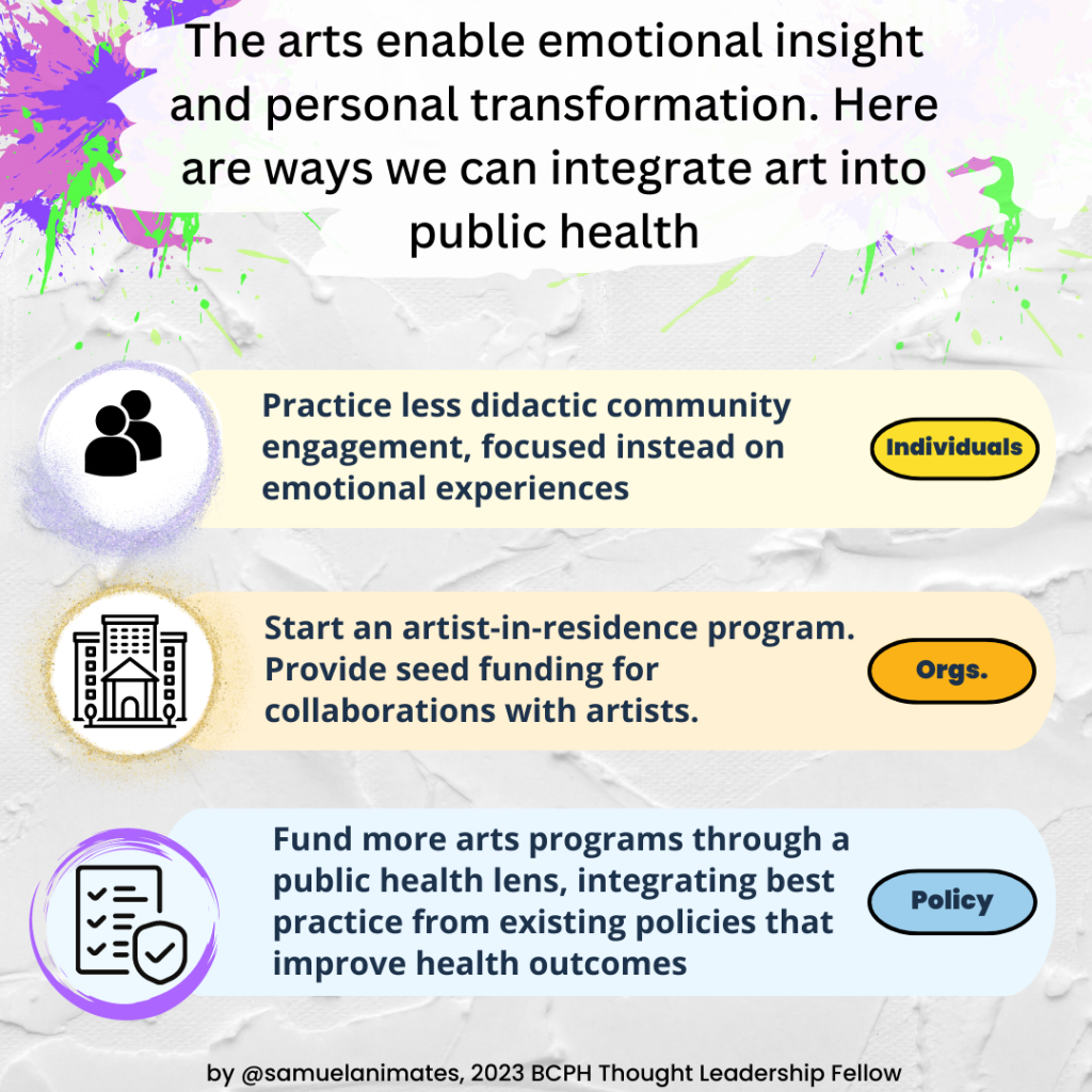 The arts enable emotional insight and personal transformation. Here are ways we can integrate art into public health. Individuals can practice less didactic community engagement, focused instead on emotional experiences. Orgs can start an artist-in-residence program. They can also provide seed funding for collaborations with artists. A policy goal can be to fund more arts programs through a public health lens, integrating best practice from existing policies that improved health outcomes.