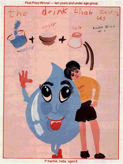 Alt Text: The poster has a pink background. On the top is a bowl of salt, a bowl of sugar, and a glass of water. Below is a child hugging a water drop. It depicts that a combination of salt, sugar and water leads to a healthy child in cases of diarrhea.