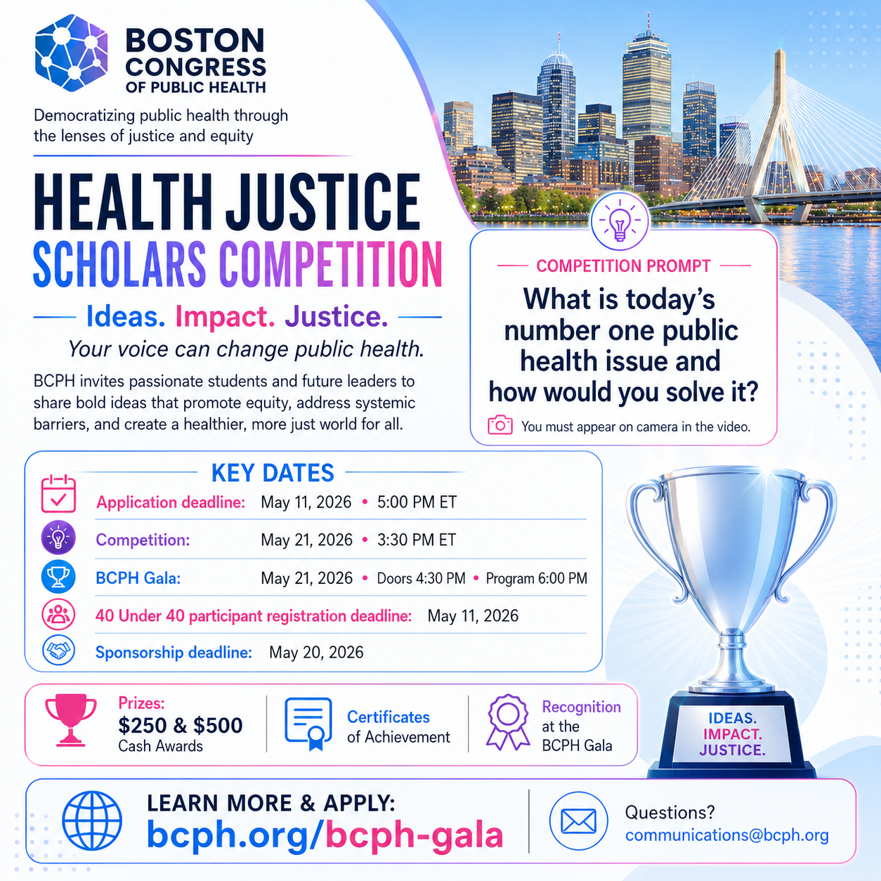 Health Justice Scholars Competition flyer, Ideas Impact Justice, application deadline May 11 2026 at 5 PM ET