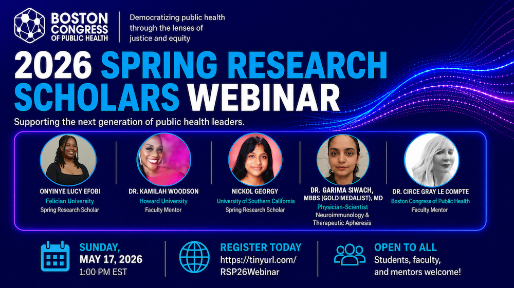 2026 Spring Research Scholars Webinar featuring Onyinye Lucy Efobi, Dr. Kamilah Woodson, Nickol Georgy, Dr. Garima Siwach, and Dr. Circe Gray Le Compte