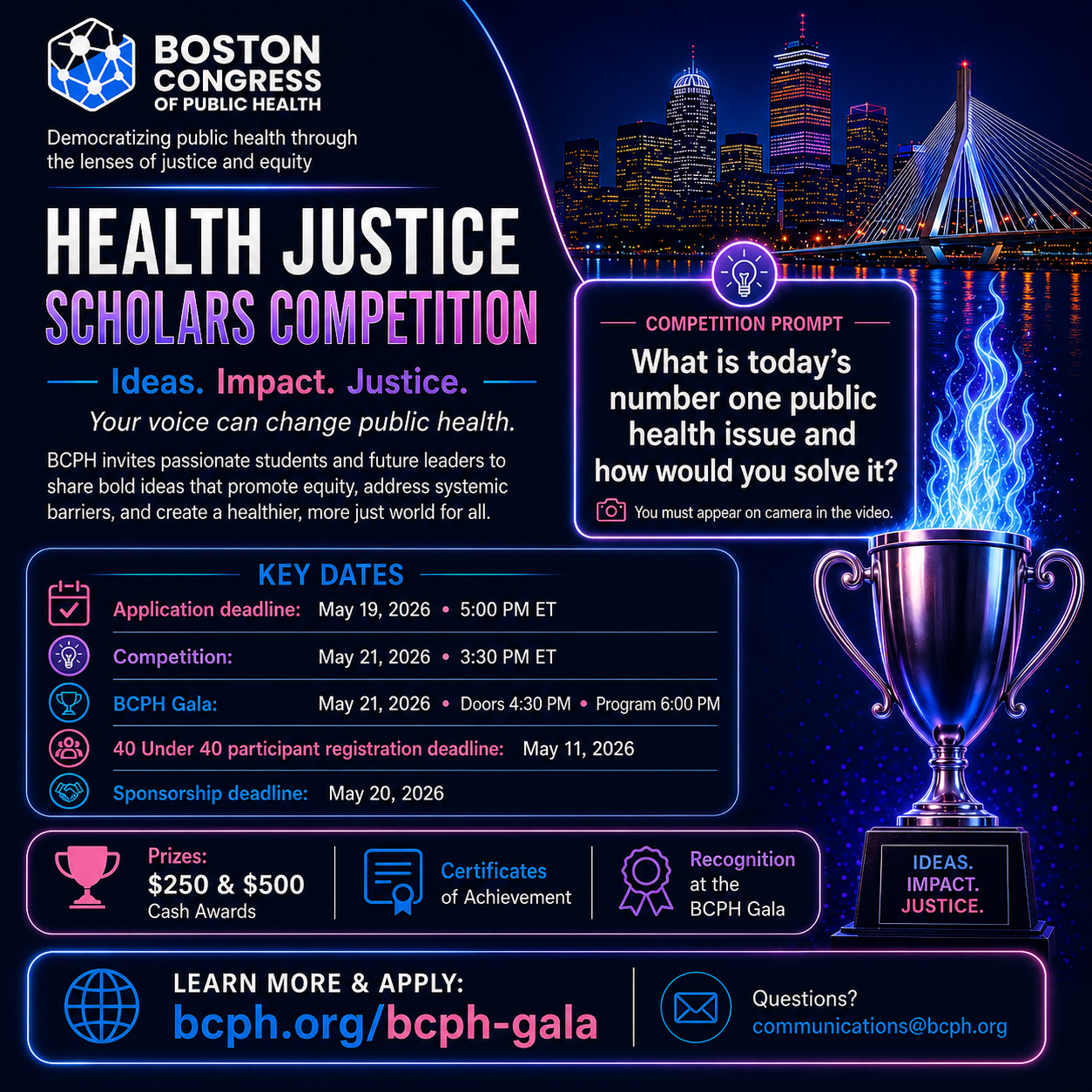 Health Justice Scholars Competition flyer, Ideas Impact Justice, application deadline May 19 2026 at 5 PM ET