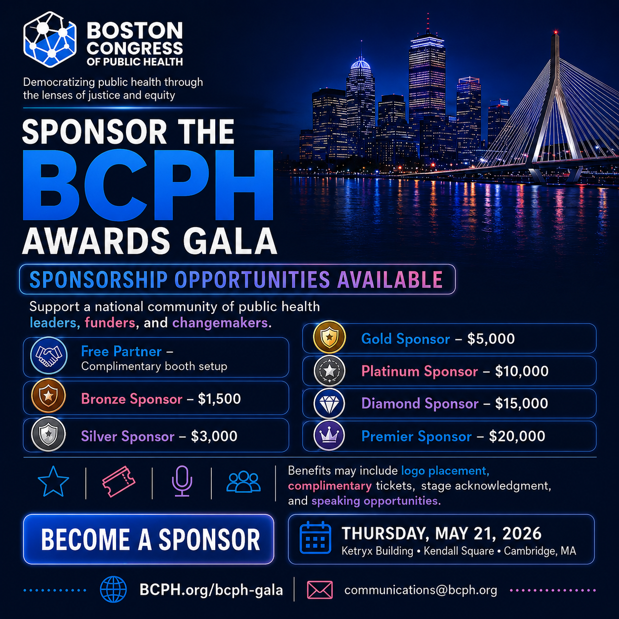 Sponsor the BCPH Awards Gala flyer with sponsorship levels from Free Partner to Premier Sponsor at $20,000