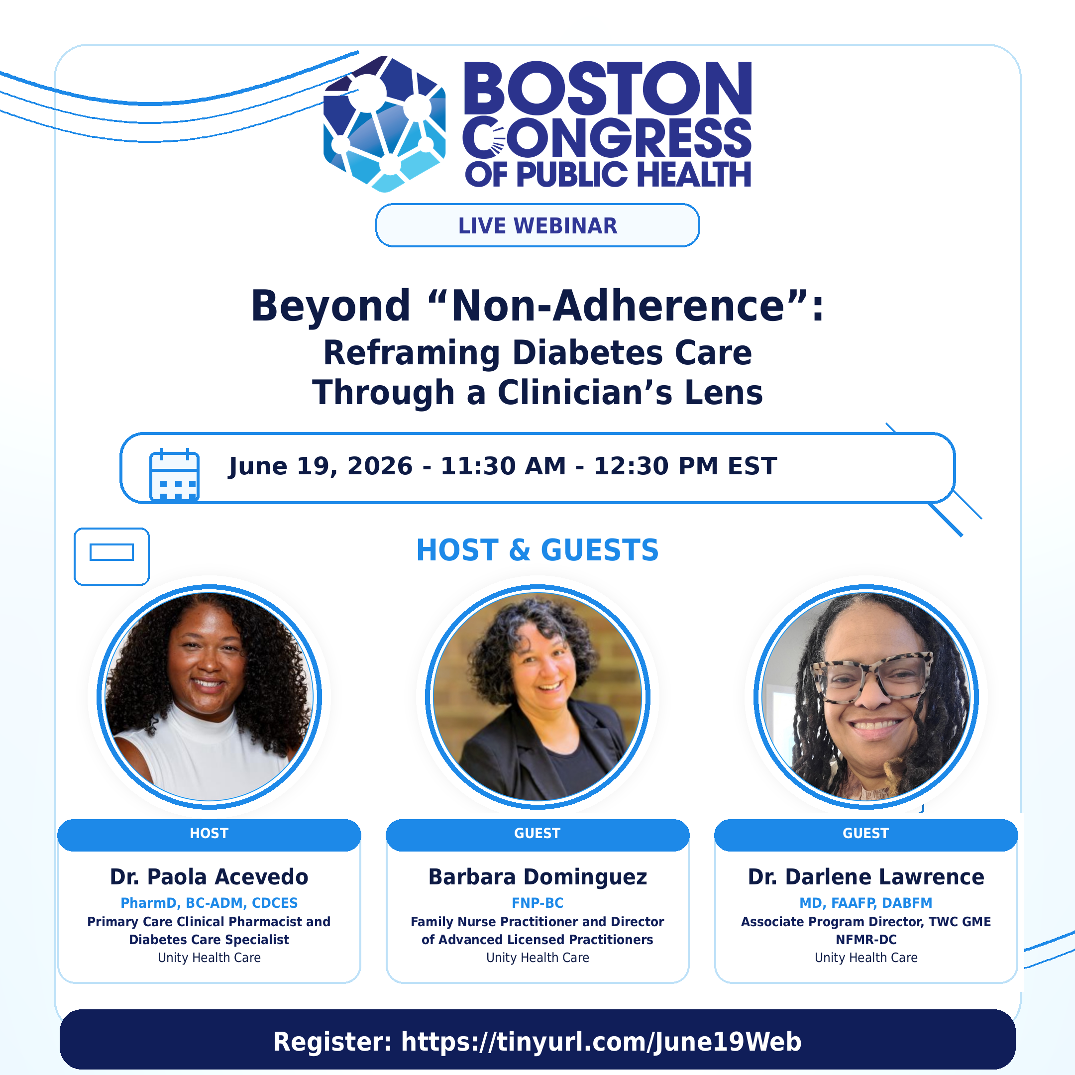 Beyond Non-Adherence: Reframing Diabetes Care Through a Clinician's Lens, live webinar June 19 2026 with Dr. Paola Acevedo, Barbara Dominguez, and Dr. Darlene Lawrence